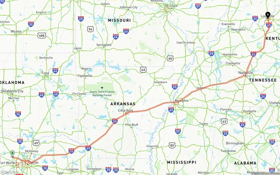 Aurora to Louisville freight shipping route map