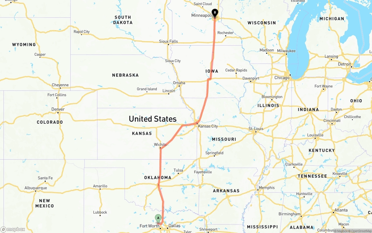 Shipping route from Aurora to Minneapolis