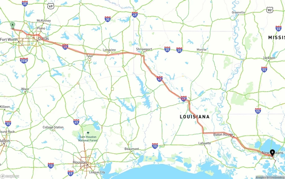 Aurora to New Orleans freight shipping route map