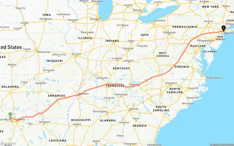 Aurora to New York City freight shipping route map