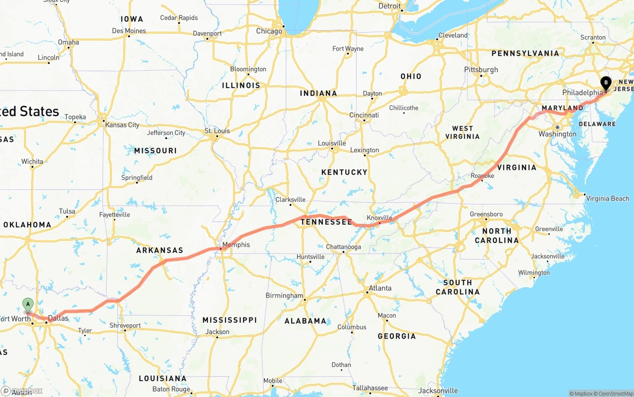 Shipping route from Aurora to Philadelphia