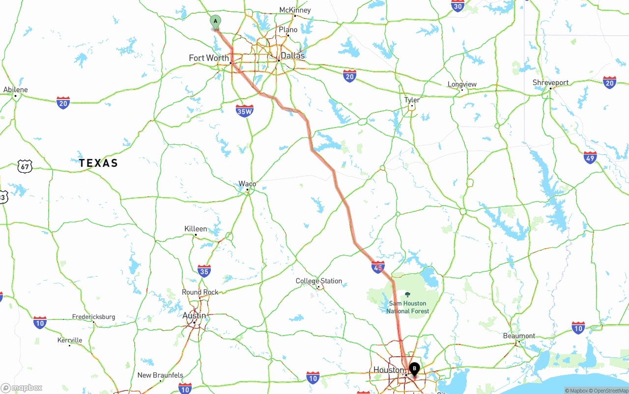 Shipping route from Aurora to Port of Houston