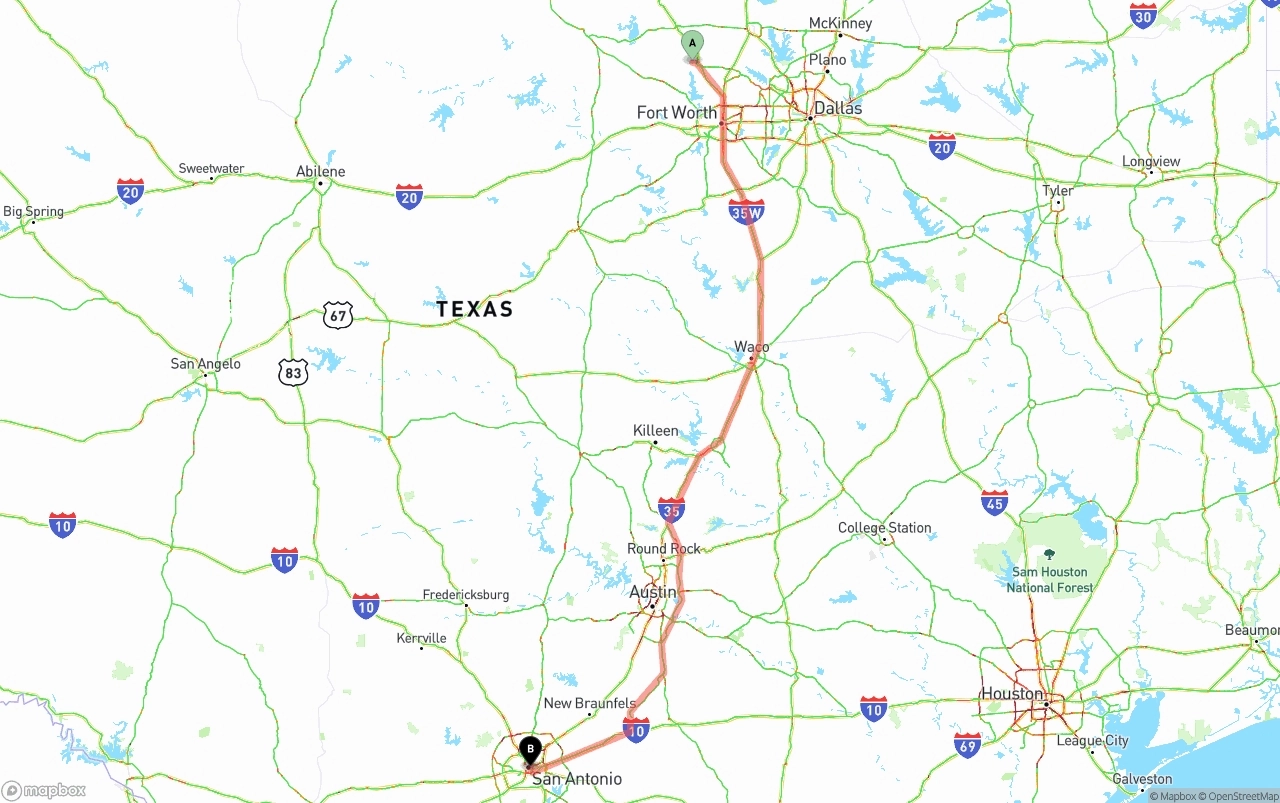 Shipping route from Aurora to San Antonio