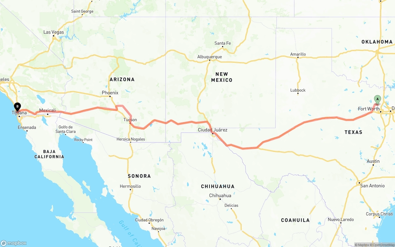 Shipping route from Aurora to San Diego