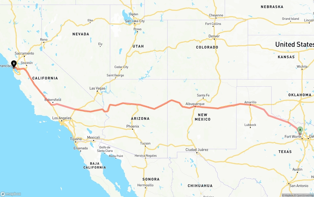 Shipping route from Aurora to San Francisco