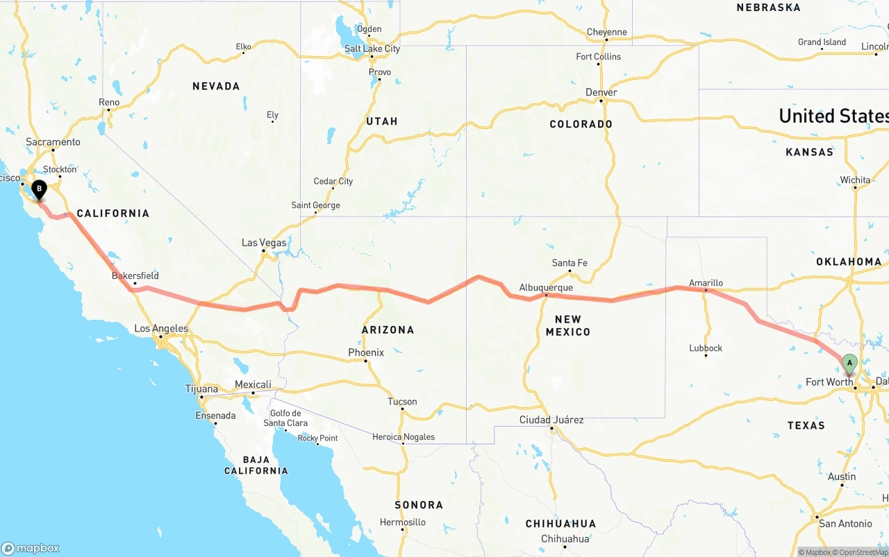 Shipping route from Aurora to San Jose