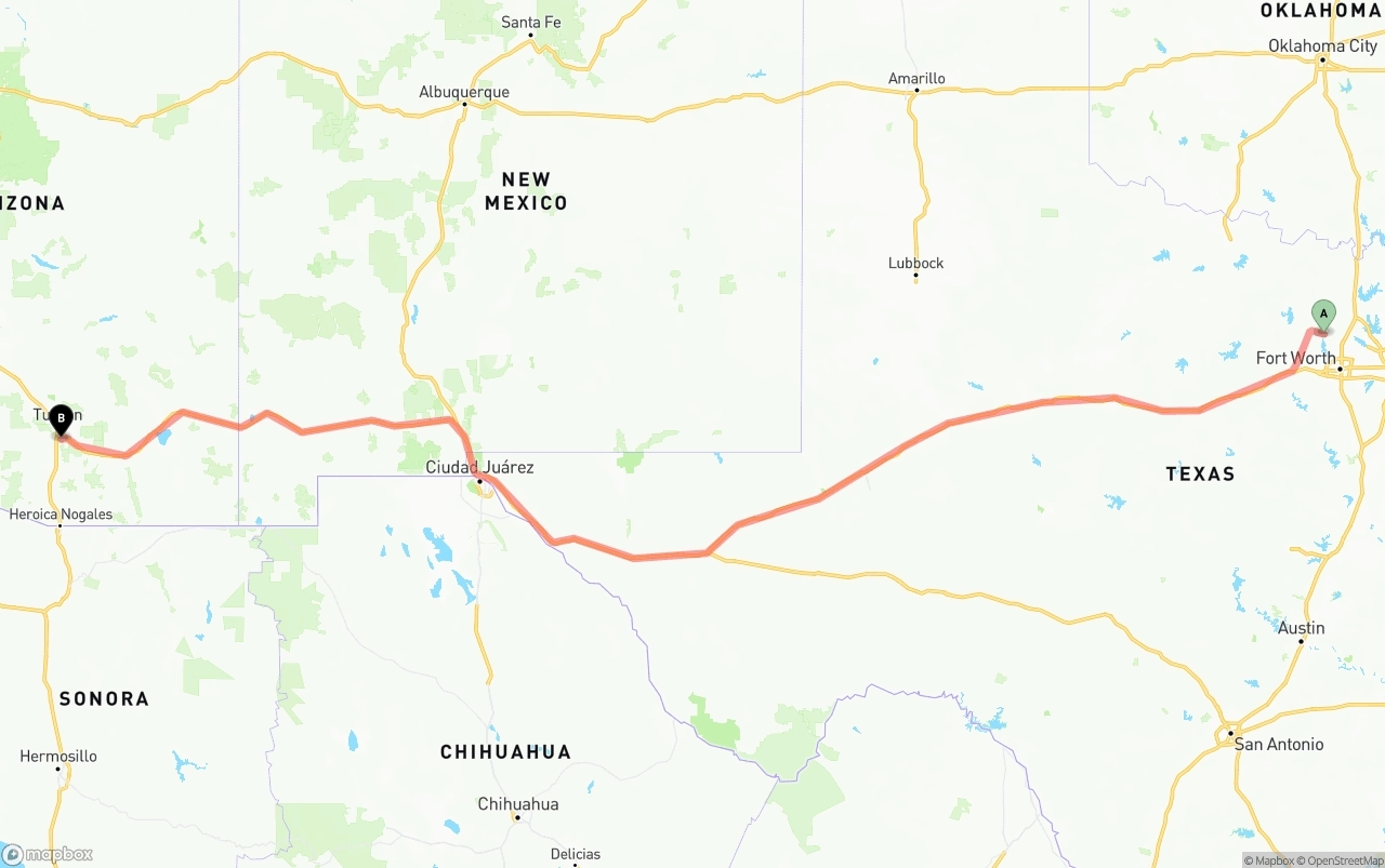 Shipping route from Aurora to Tucson International Airport