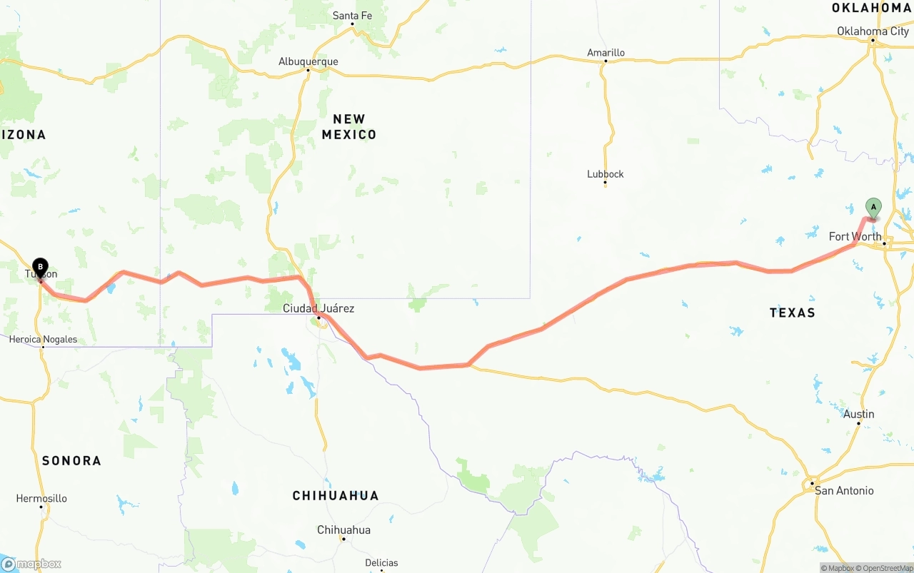 Shipping route from Aurora to Tucson