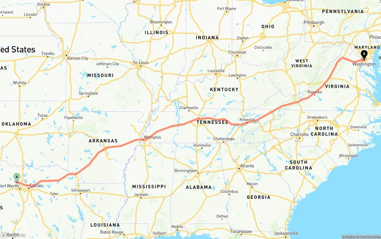 Shipping route from Aurora to Washington D.C.