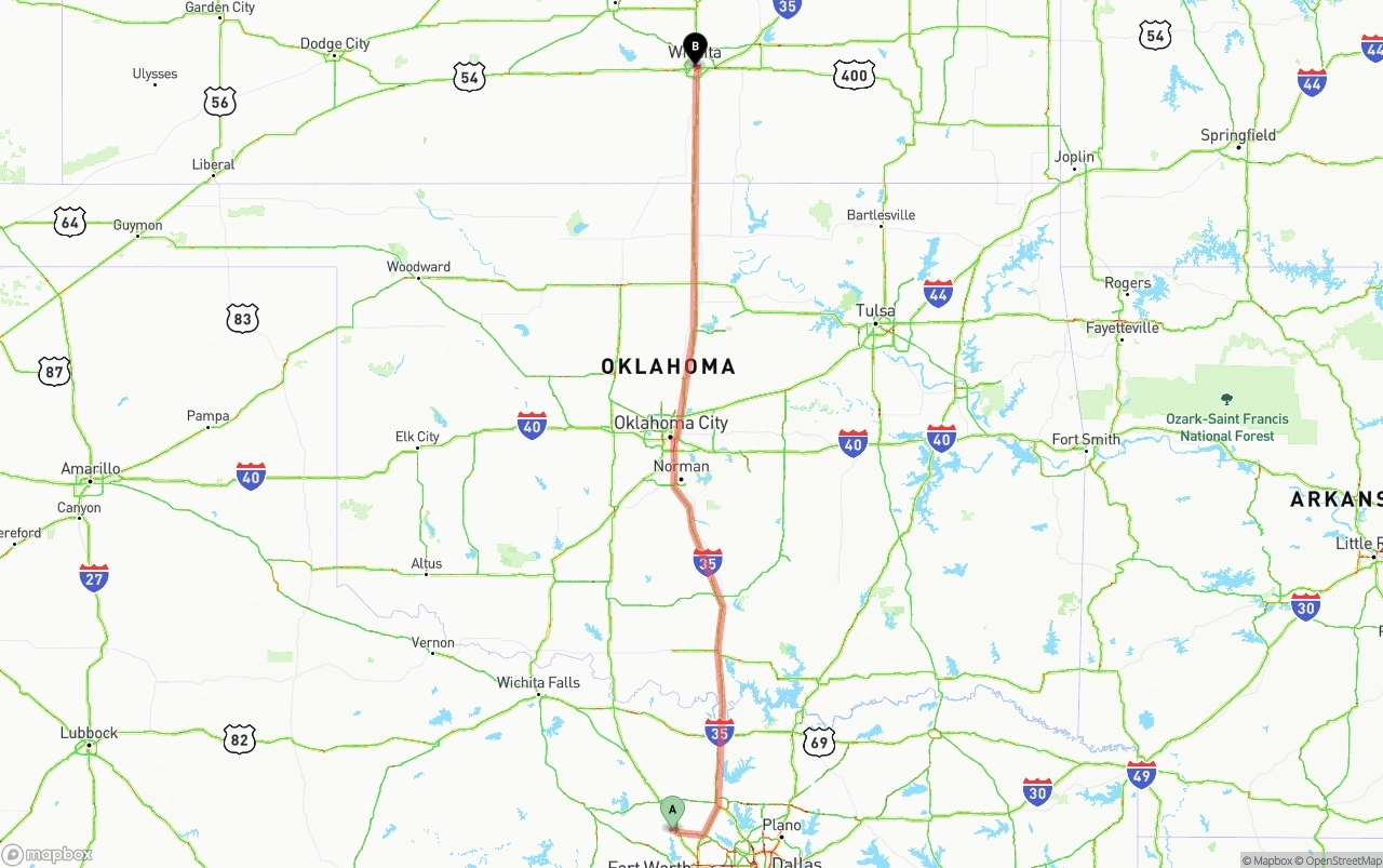 Shipping route from Aurora to Wichita