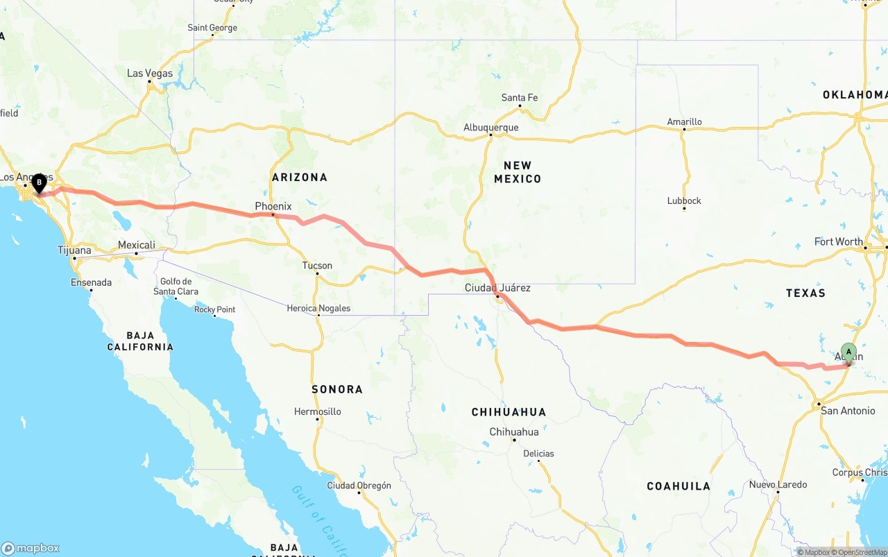 Shipping route from Austin to Anaheim