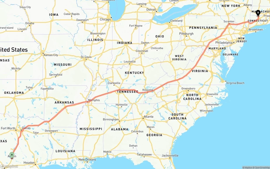 Austin to Bradley International Airport freight shipping route map