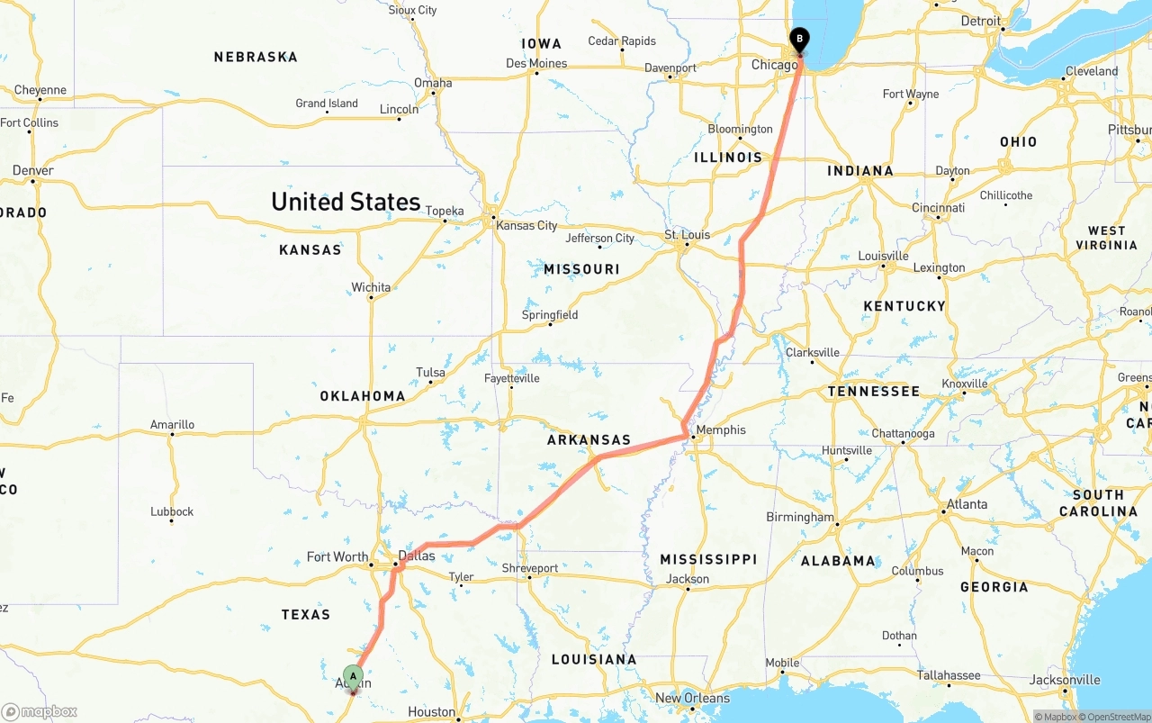 Shipping route from Austin to Chicago