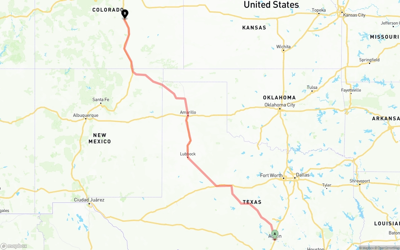 Shipping route from Austin to Colorado Springs