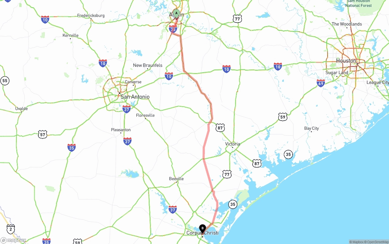Shipping route from Austin to Corpus Christi