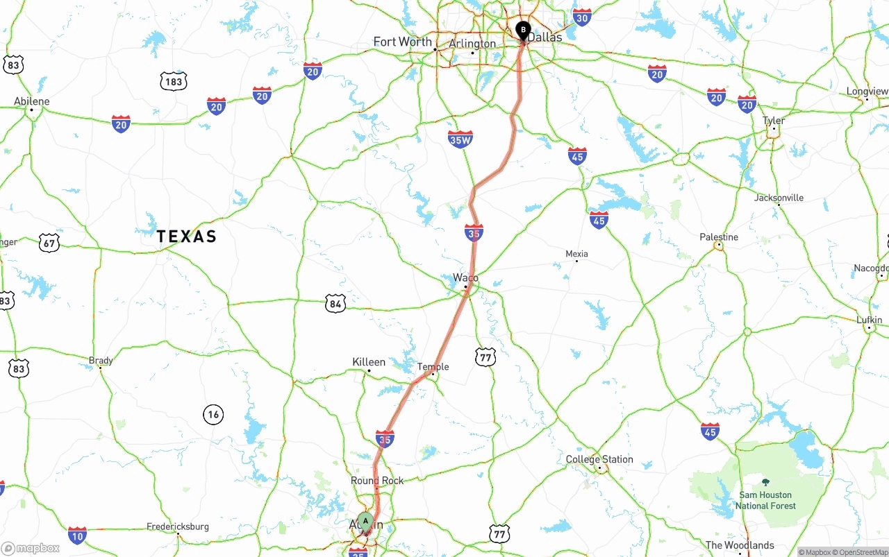 Shipping route from Austin to Dallas