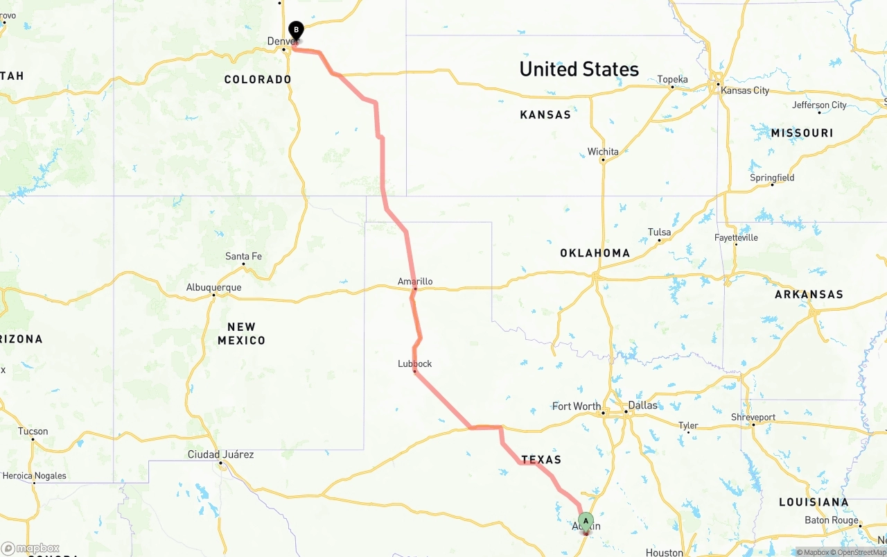 Shipping route from Austin to Denver International Airport