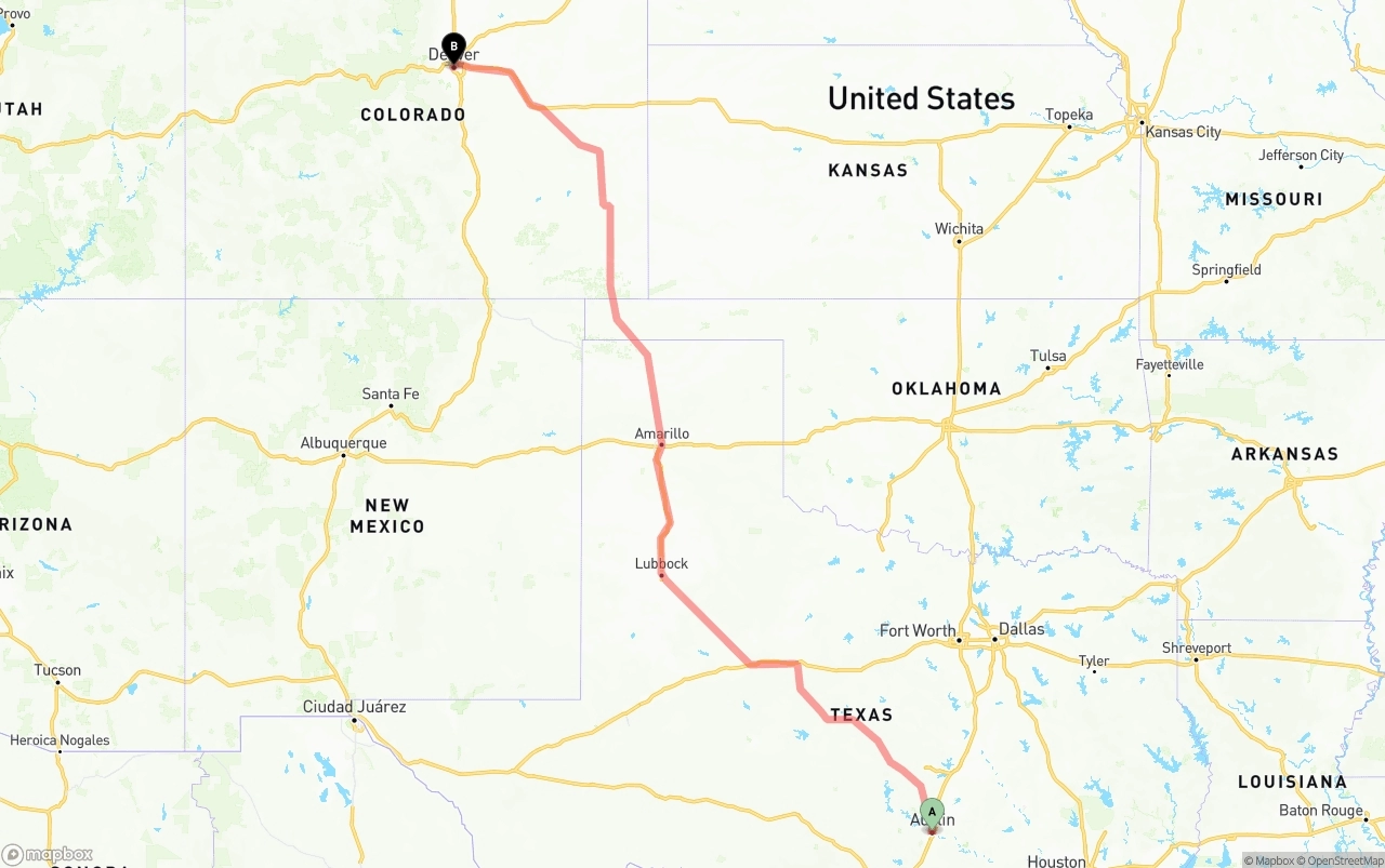 Shipping route from Austin to Denver