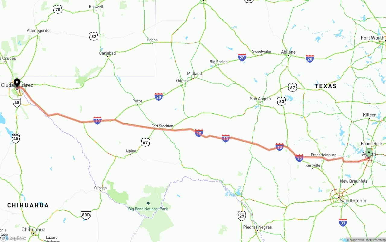 Shipping route from Austin to El Paso