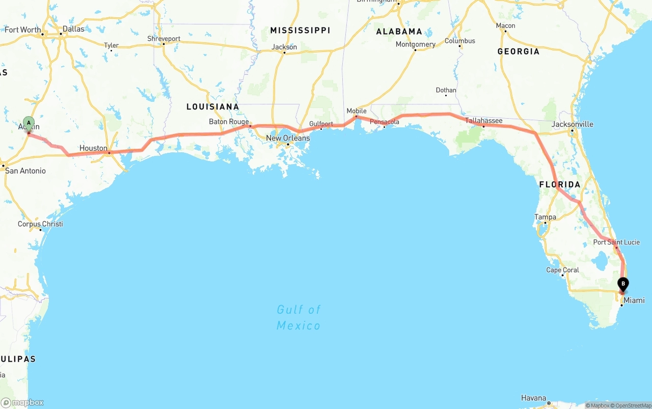 Shipping route from Austin to Fort Lauderdale-Hollywood International Airport