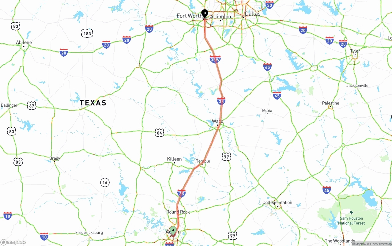 Shipping route from Austin to Fort Worth