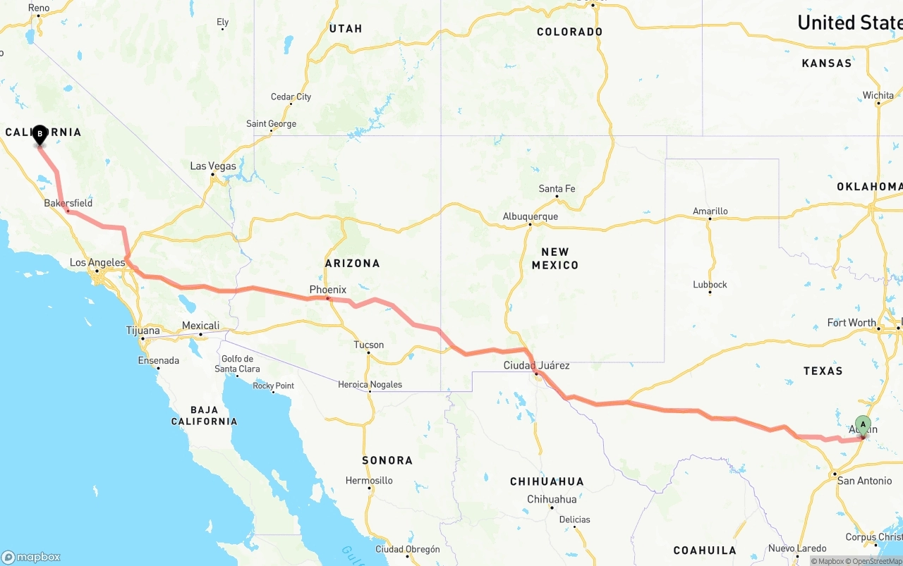 Shipping route from Austin to Fresno