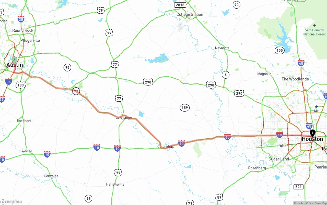 Shipping route from Austin to Houston