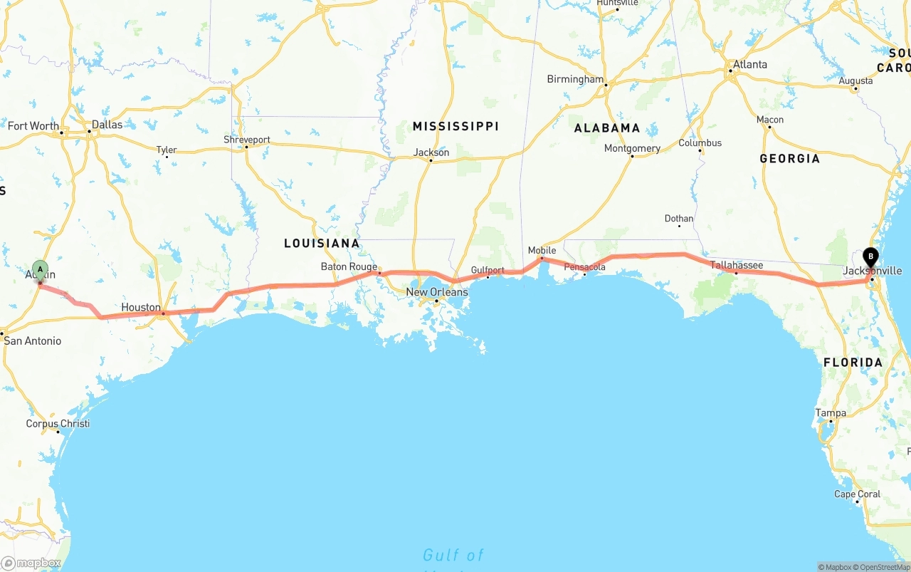 Shipping route from Austin to Jacksonville International Airport