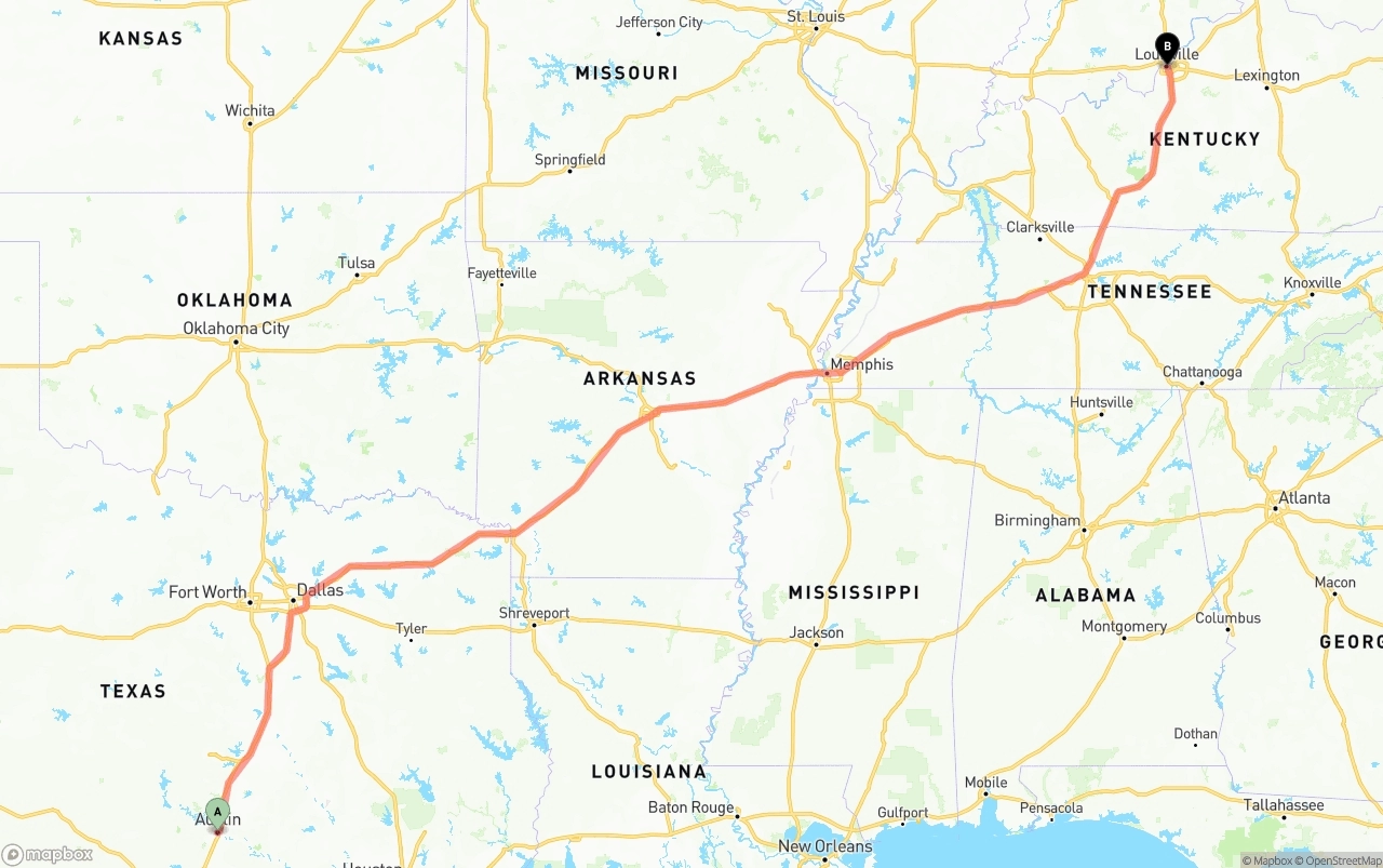Shipping route from Austin to Louisville