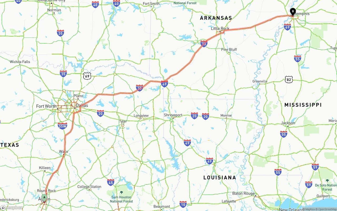 Shipping route from Austin to Memphis