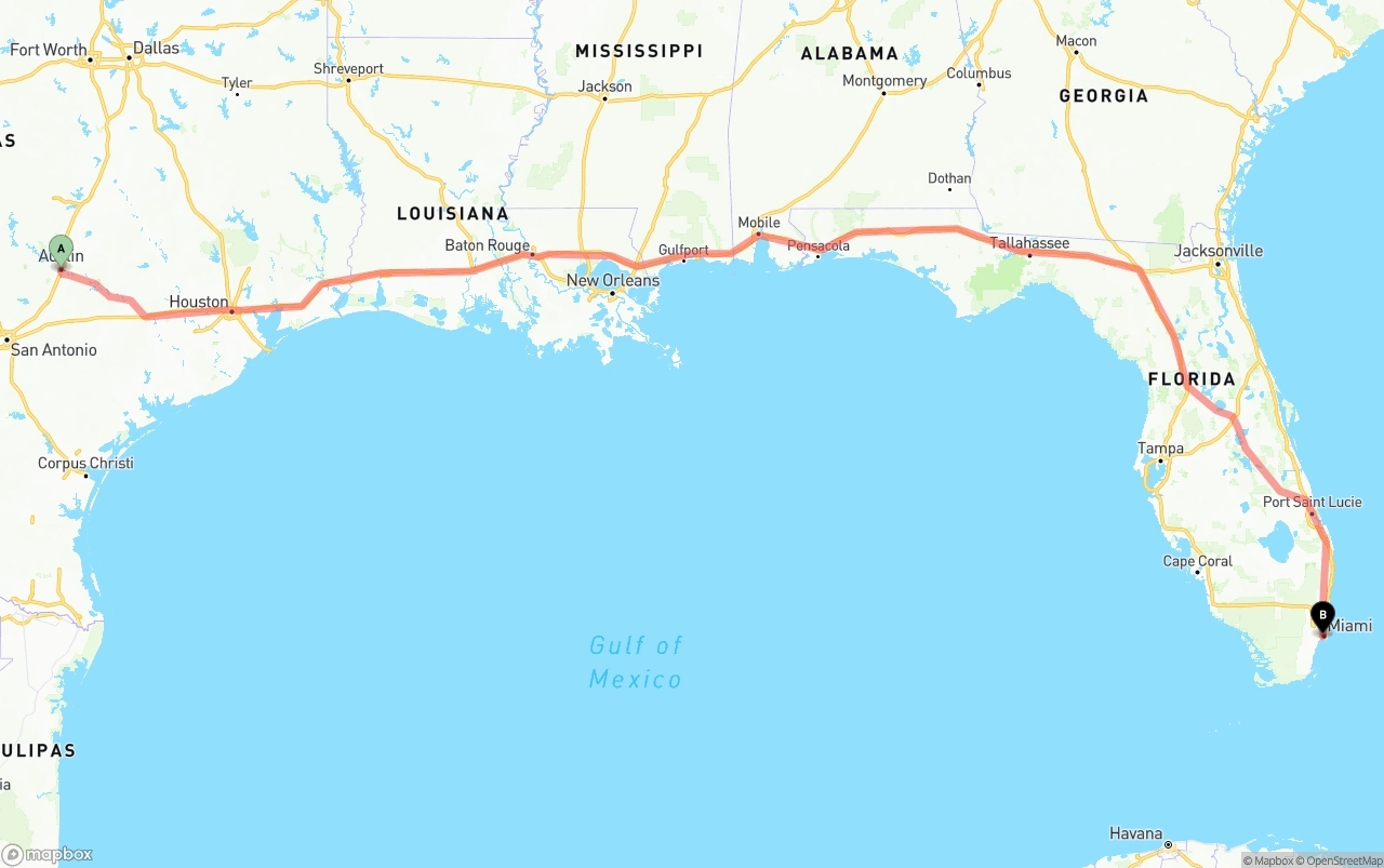 Shipping route from Austin to Miami