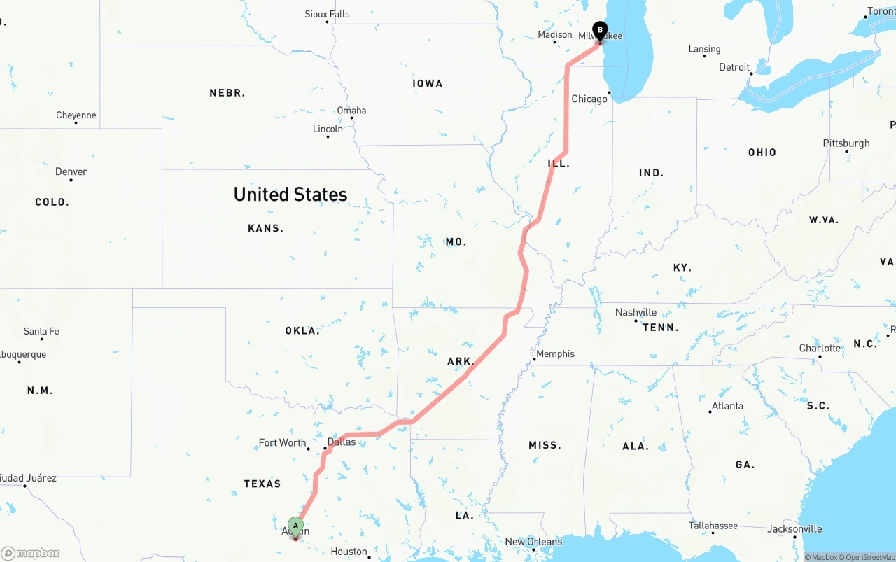 Shipping route from Austin to Milwaukee
