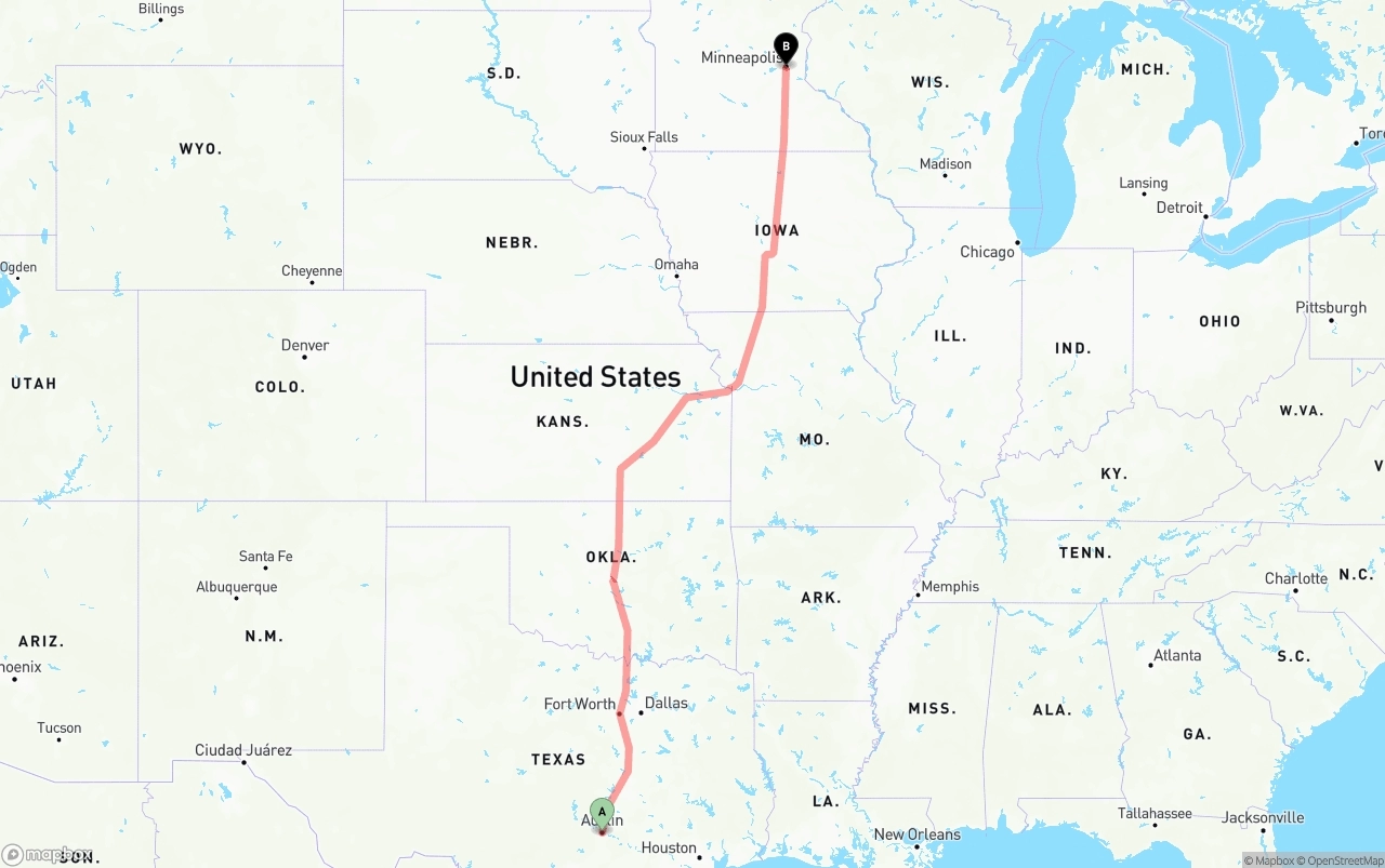 Shipping route from Austin to Minneapolis