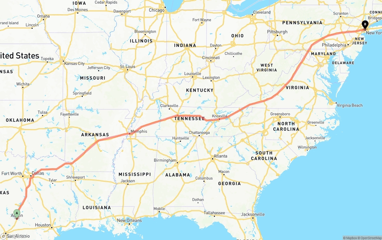 Shipping route from Austin to New York City