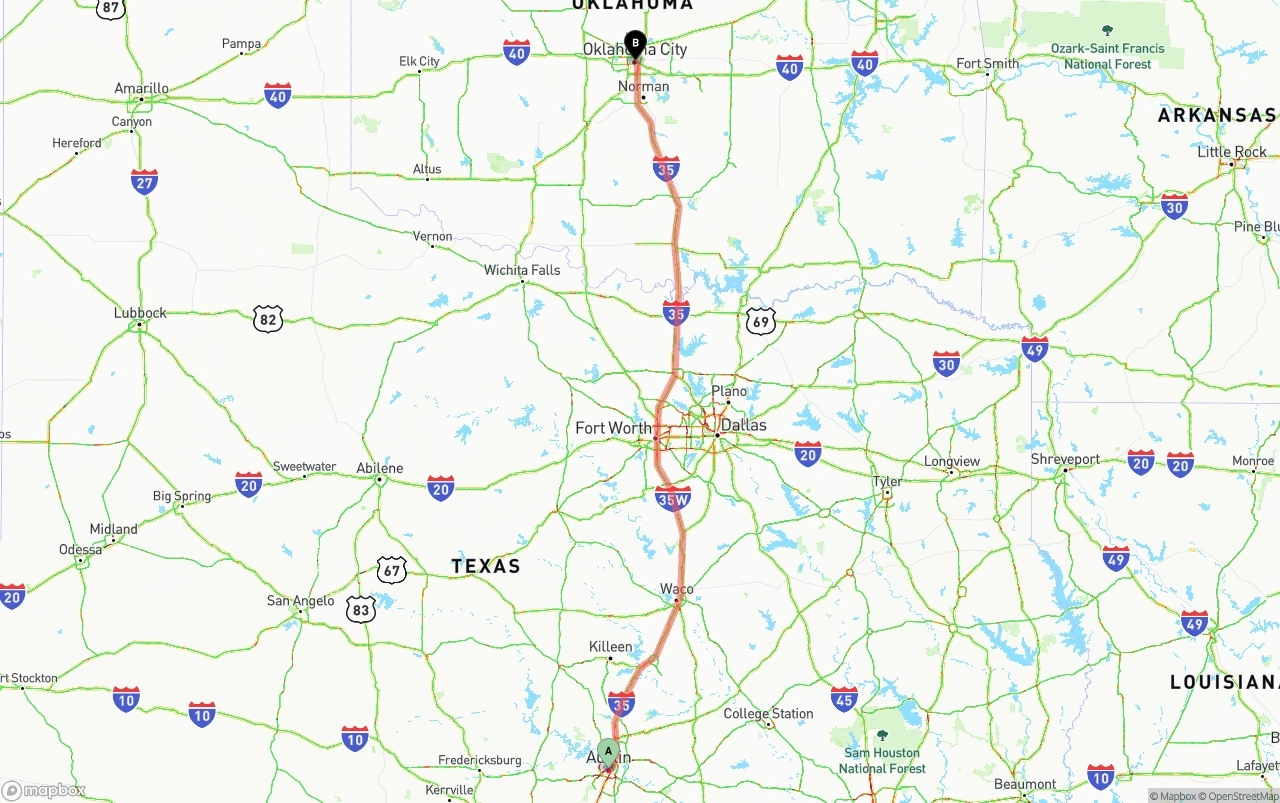 Shipping route from Austin to Oklahoma City