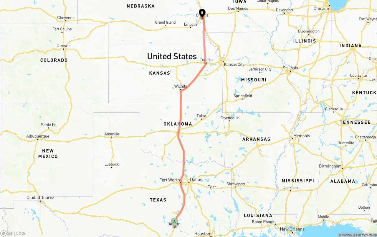 Shipping route from Austin to Omaha