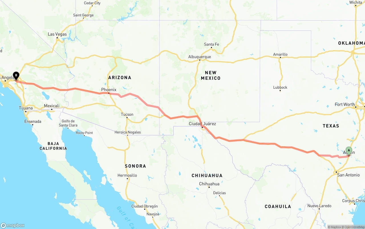 Shipping route from Austin to Ontario International Airport