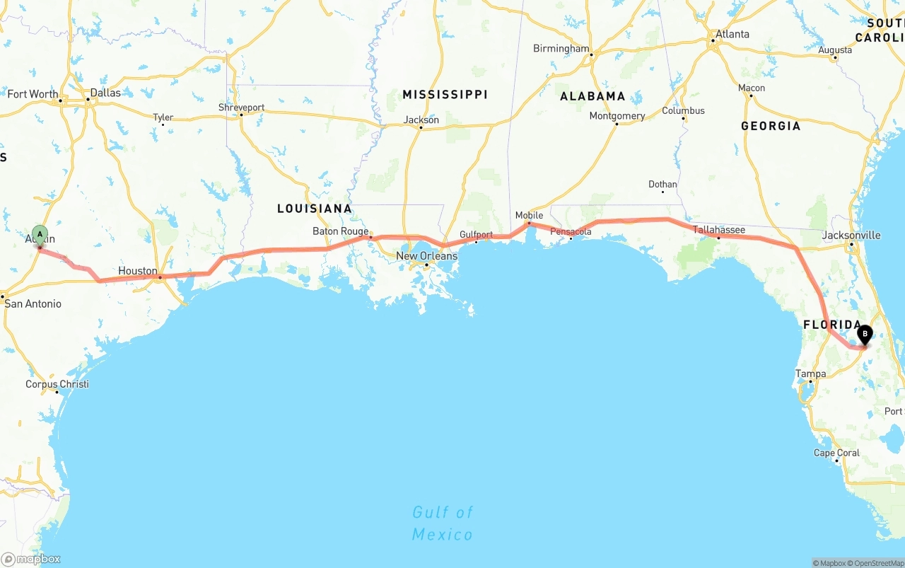 Shipping route from Austin to Orlando