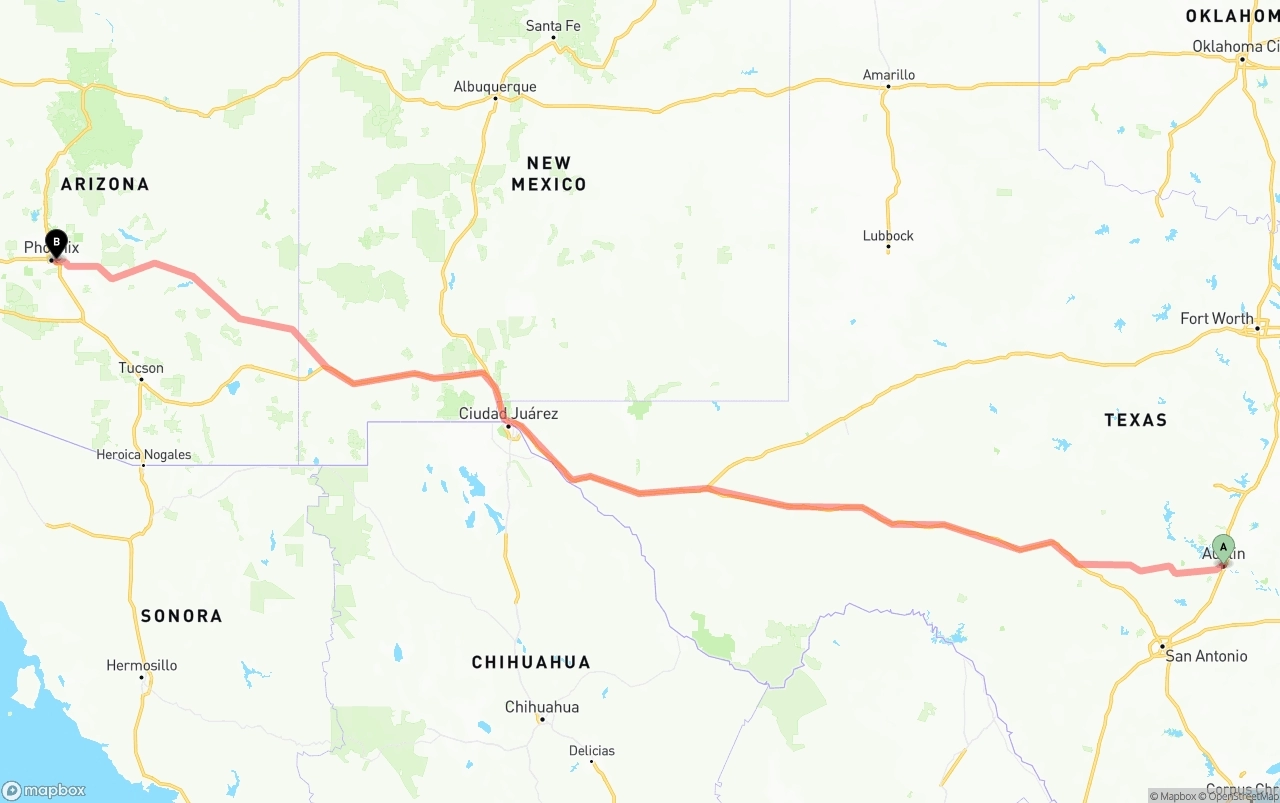 Shipping route from Austin to Phoenix Sky Harbor International Airport