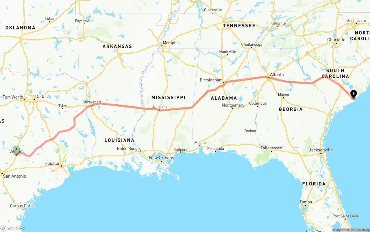 Shipping route from Austin to Port of Charleston