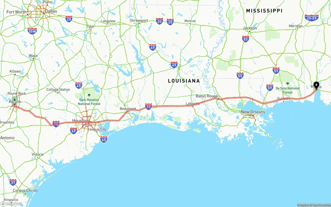 Shipping route from Austin to Port of Mobile
