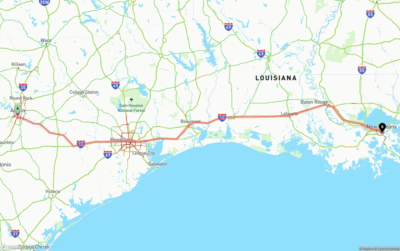Shipping route from Austin to Port of New Orleans