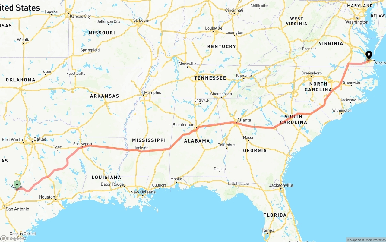 Shipping route from Austin to Port of Norfolk