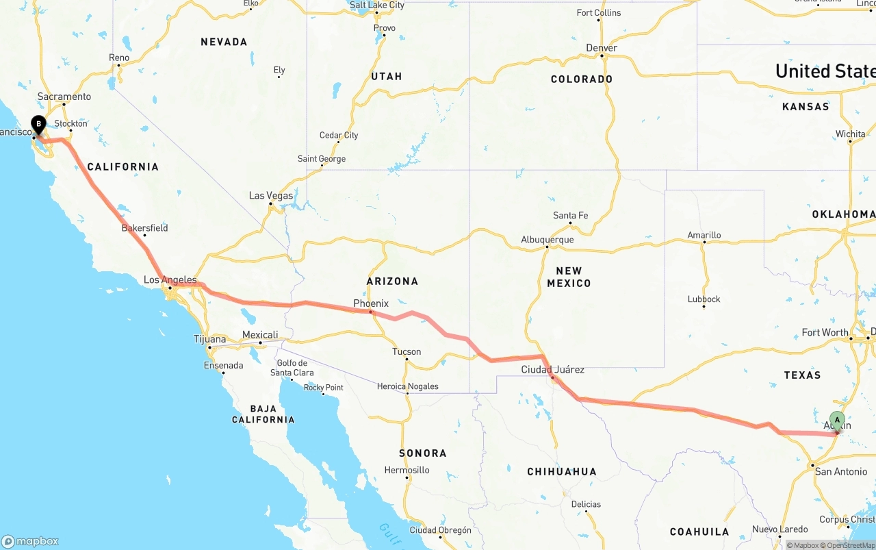 Shipping route from Austin to Port of Oakland