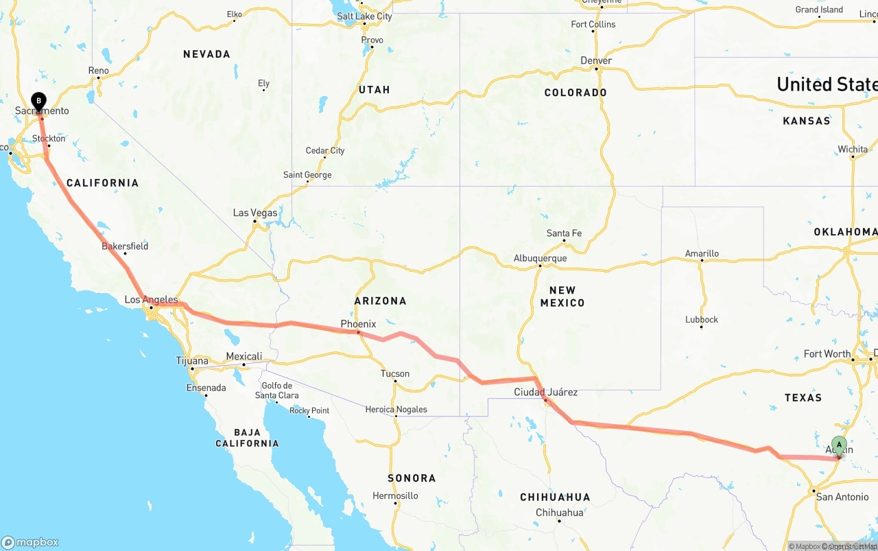 Shipping route from Austin to Sacramento International Airport