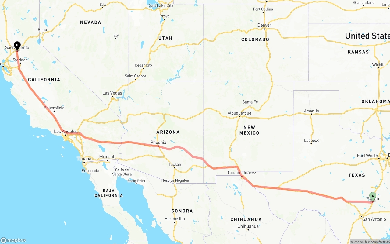 Shipping route from Austin to Sacramento