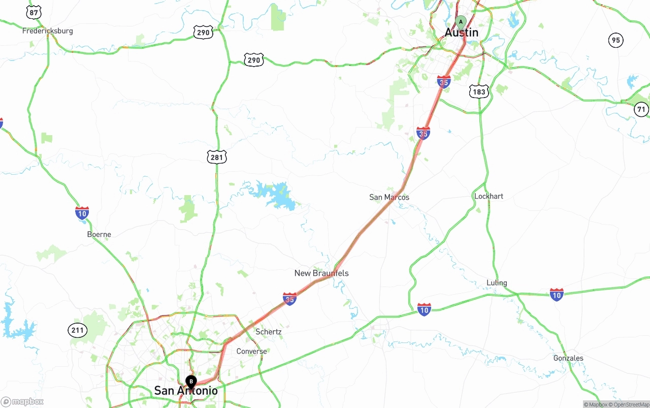 Shipping route from Austin to San Antonio