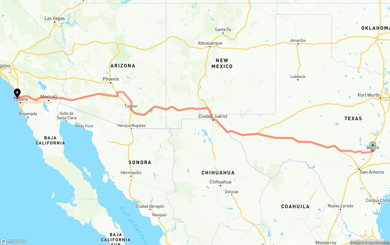 Shipping route from Austin to San Diego International Airport