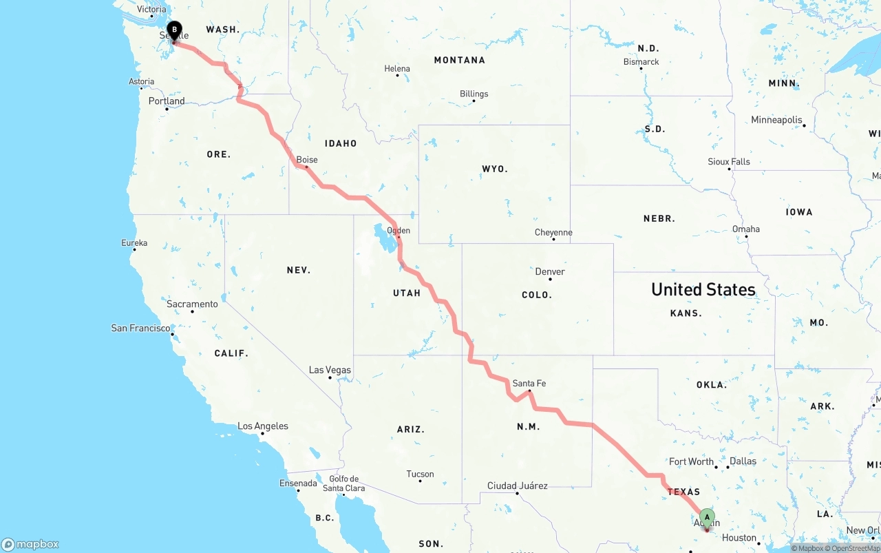 Shipping route from Austin to Seattle