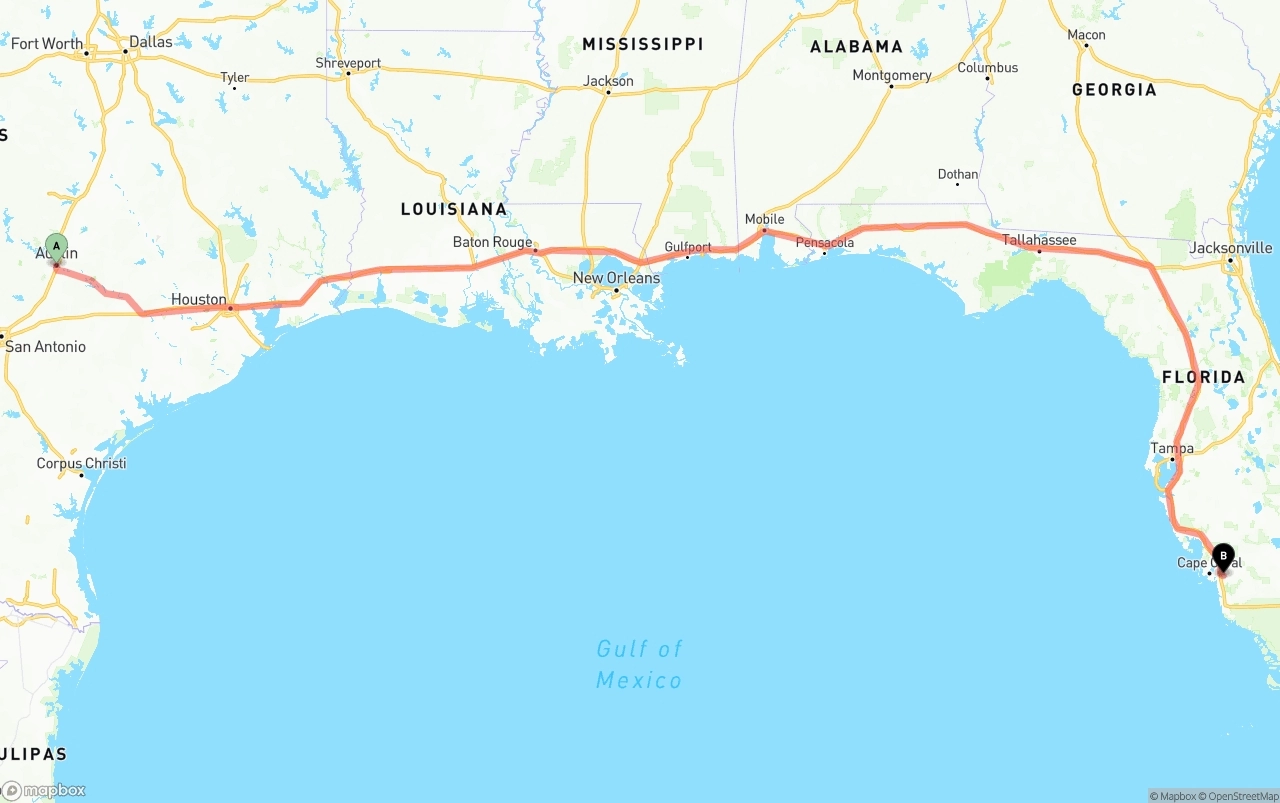 Shipping route from Austin to Southwest Florida International Airport